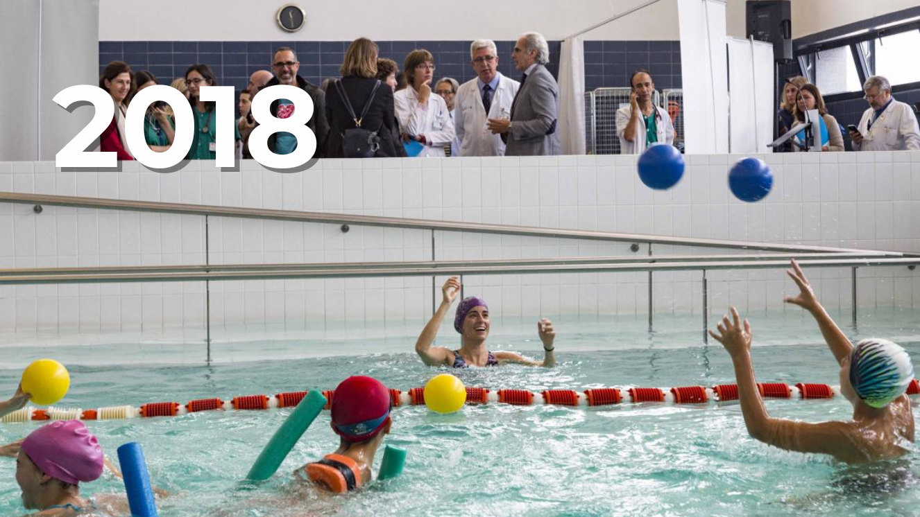 piscina con menores haciendo ejercicios con una peloita