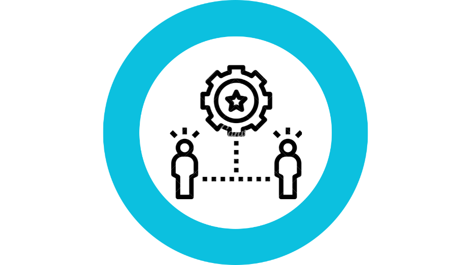 Icono de especialización, una rueda y debajo dos iconos de personas colocados en plan organigrama