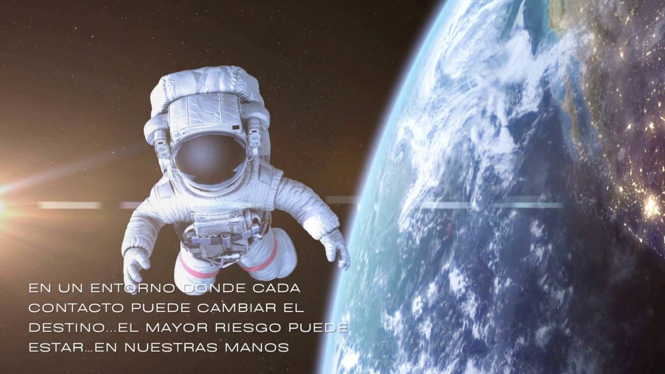 Imagen parcial de la tierra desde el espacio a la derecha y a la izquierda astronauta y texto debajo