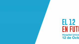 fondo cortado en dos por el centro y sesgado. La izquierda azul, la derecha blanco con logo nº 50 con la palabra aniversario formando parte del la mitad del círculo y con lema el 12 en futuro Hospital 12 de Octubre