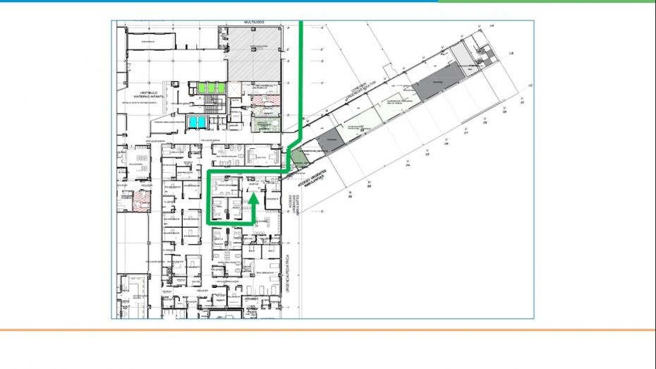 Plano de acceso a urgencias pediátricas desde la esquina trasera izquierda del nuevo hospital en línea recta entrada por la puerta andaren línea recta hasta pasillo luego a la izquierda y de nuevo a la izquierda y de nuevo a la izquierda