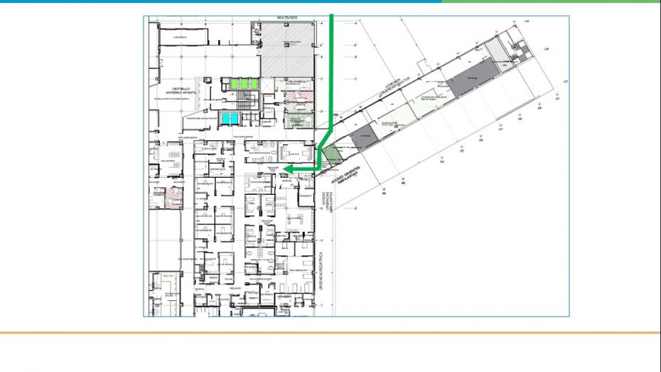 Plano de la llegada de ambulancias desde la esquina trasera izquierda del nuevo edificio en línea recta y girar a la derecha para acceder