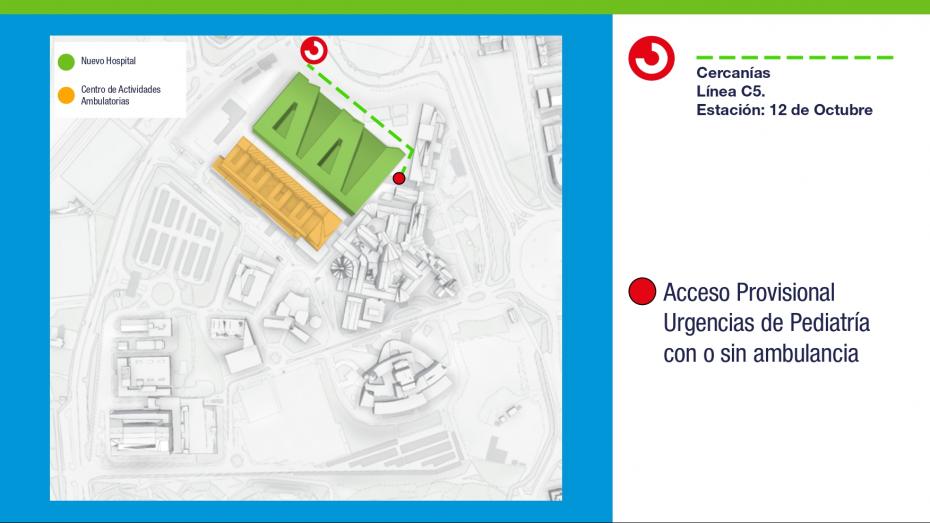 Plano de acceso a urgencias pediátricas desde la estación de Renfe desde su salida recto paralelo al nuevo edificio y al llegar al extremo final girar a la derecha y acceder a las urgencias pediátricas