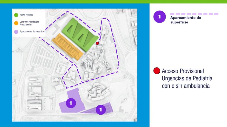 Acceso a urgencias pediátricas desde aparcamiento de superficie andar paralelo a Hospital materno-infantil bordear todos los edificios situados en la acera de enfrente la Residencia General seguir para adelante bordear edificio Urgencias generales y desde la parte de atrás girar a la derecha para acceder a urgencias pediátricas de nuevo hospital
