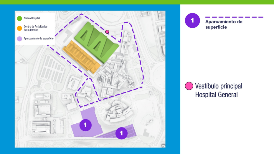 plano para llegar al nuevo hospital desde aparcamiento exterior a la derecha de frente por calle paralela al hospital materno-infantil hasta estación de metro luego cruzar dos pasos de cebra y por acera llegar hasta edificio de urgencias bordearlo y girar en sentido contrario para acceder por la puerta central  a la derecha al nuevo edificio