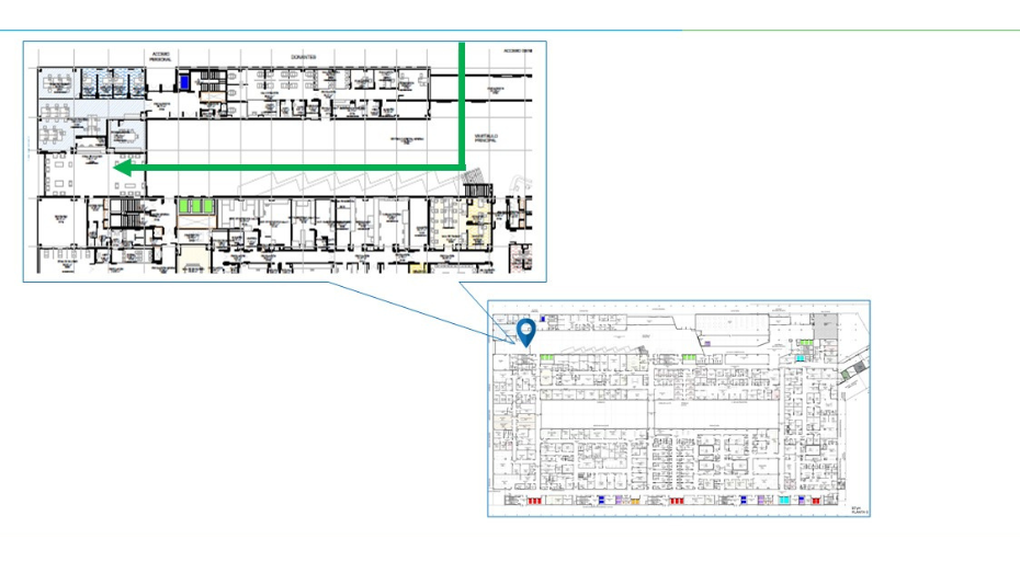 Plano de acceso a Cirugía Torácica planta baja desde exterior hospital general todo recto hasta vestíbulo general y luego a la derecha todo recto hasta servicio de admisión para tramitar ingreso