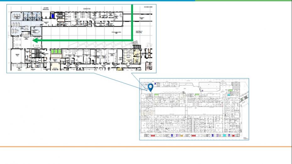 Plano de acceso a Endocrinología planta baja desde exterior hospital general todo recto hasta vestíbulo general y luego a la derecha todo recto hasta servicio de admisión para tramitar ingreso