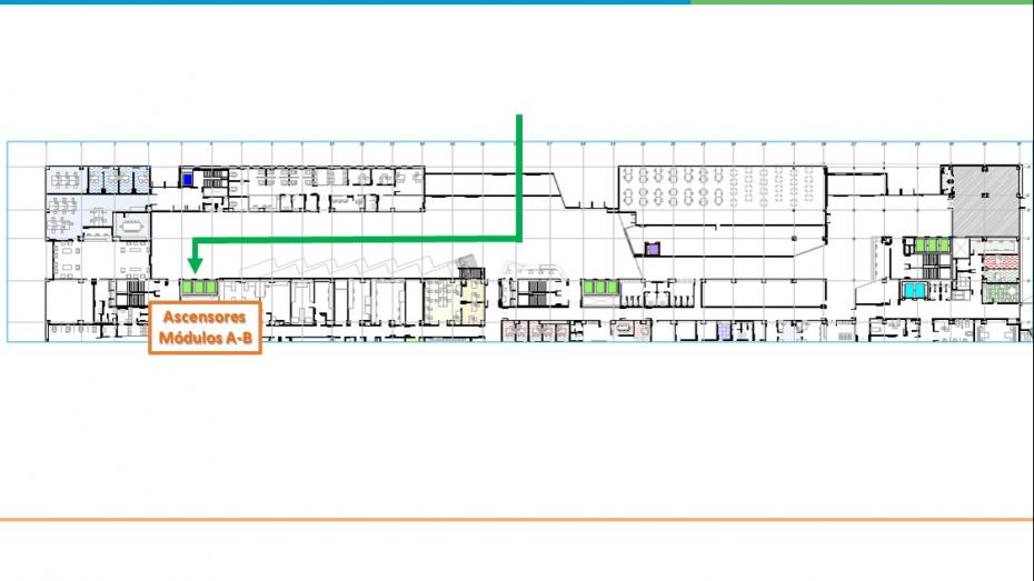 Plano de acceso a Endocrinología desde exterior recto a vestíbulo principal y a la derecha todo recto hasta ascensores módulos A,B