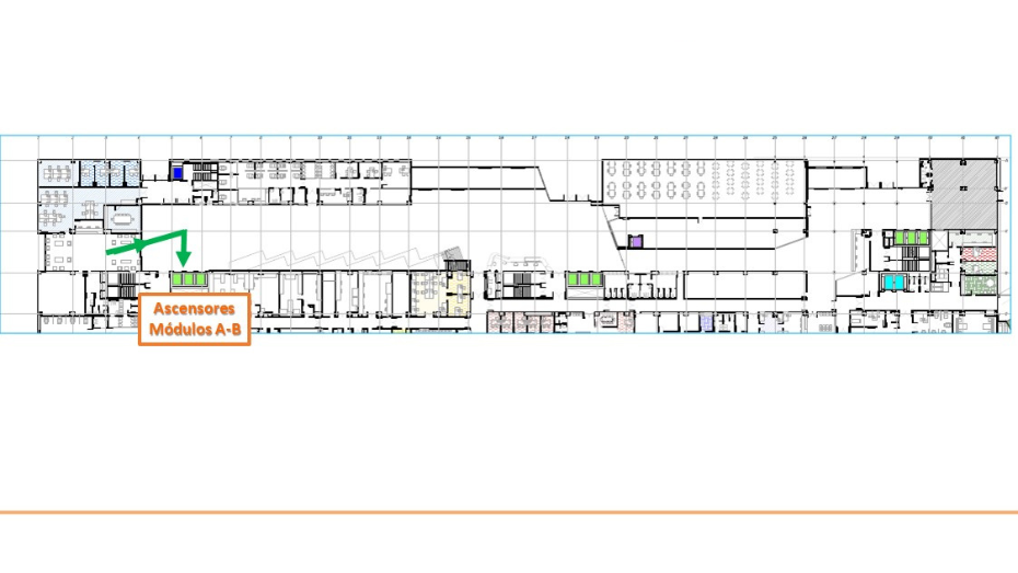 Plano de acceso a Endocrinología planta baja desde Servicio de Admisión saliendo a la derecha girando a ascensores módulos A, B para subida a planta 6