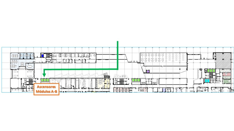 Plano de acceso desde exterior recto a vestíbulo principal y a la derecha todo recto hasta ascensores módulos A,B