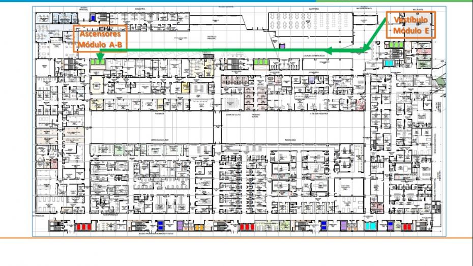 Plano para llegar a Plano preingreso programado cirugía Hospital de Día quirúrgico y preingreso paciente pediátrico desde entrada del exterior por módulo E ubicado en el extremo izquierdo de la fachada principal a vestíbulo infantil hacia la derecha y luego todo recto hasta casi el final a los ascensores de subida a planta 1ª  módulos A,B
