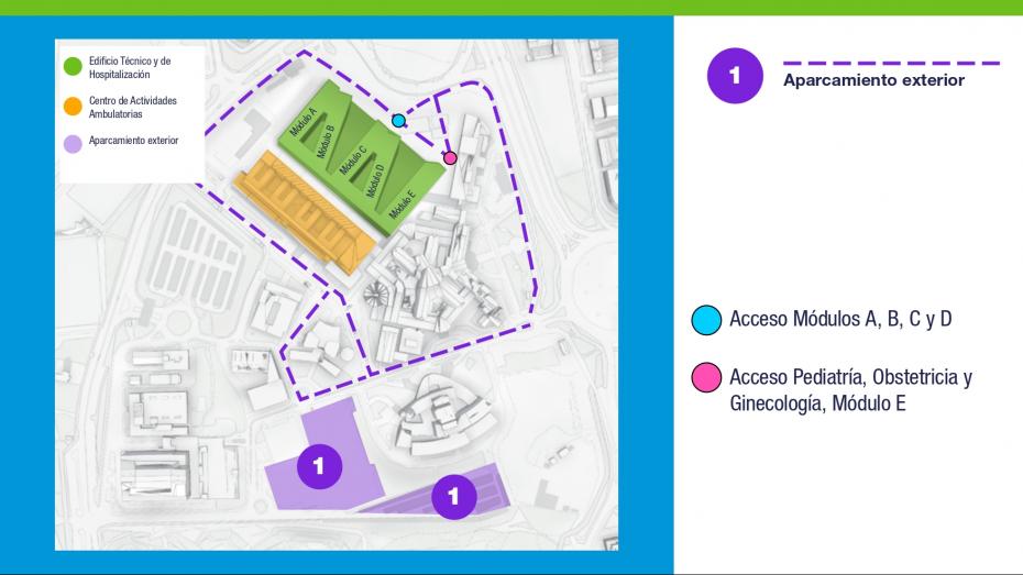 plano para llegar al nuevo hospital desde aparcamiento exterior a la derecha de frente por calle paralela al hospital materno-infantil hasta estación de metro luego cruzar dos pasos de cebra y por acera llegar hasta edificio de urgencias bordearlo y girar en sentido contrario para acceder por la puerta central  a la derecha al nuevo edificio y por la puerta de Pediatría a la izquierda