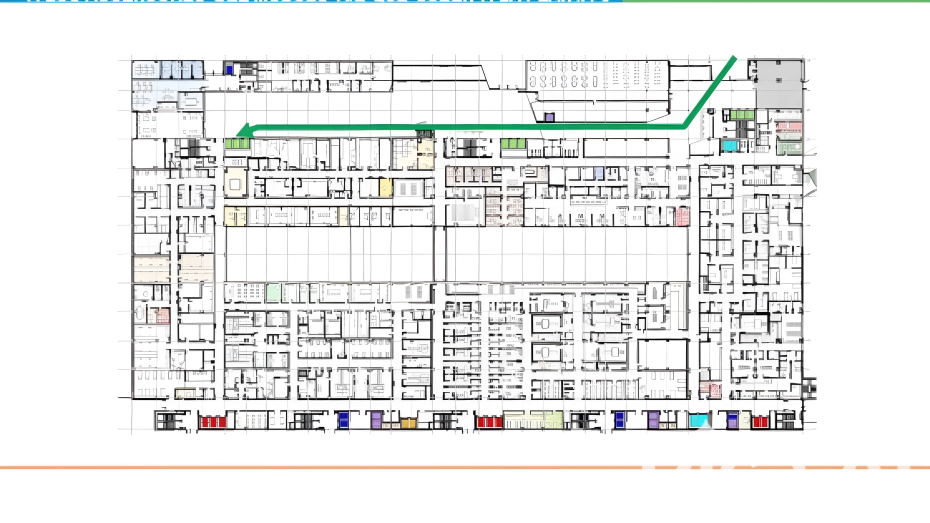 Plano plano de acceso provisional a salud mental de adultos desde exterior entrada módulo E a vestíbulo en línea recta luego a la derecha todo recto casi hasta el final hasta ascensores módulos A,B y subir a planta quinta