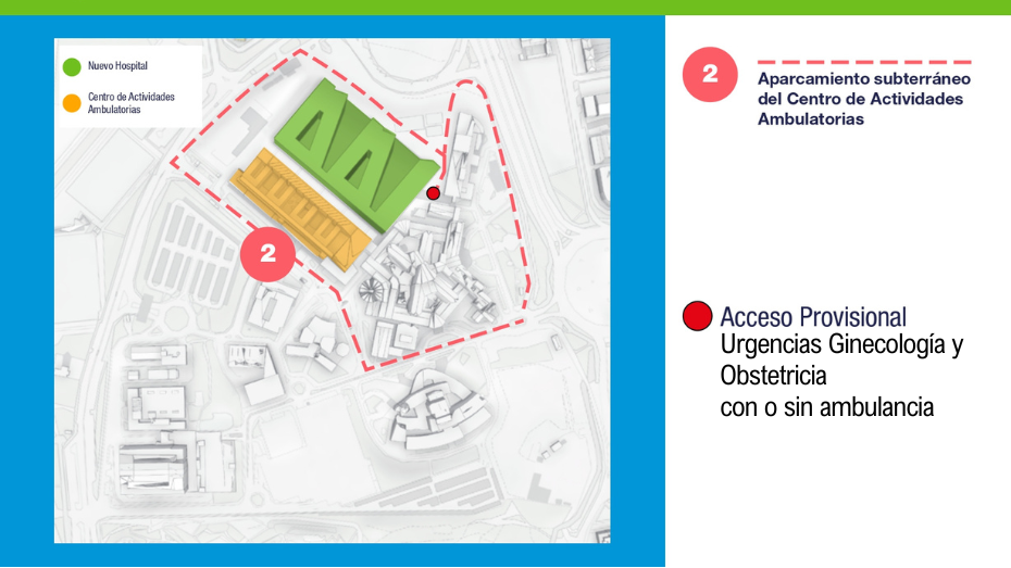 Mapa de acceso a urgencias de Obstetricia y Ginecología desde aparcamiento subterráneo en Centro de Actividades Ambulatorias rodeando ambos edificios desde la derecha o desde la izquierda ir bordeando todos los edificios hasta llegar a la residencia general seguir de frente hasta urgencias generales bordear el edificio por completo y desde su espalda girando un poco a la derecha par acceder por la puerta de las urgencias de Obstetricia y Ginecología de nuevo hospital