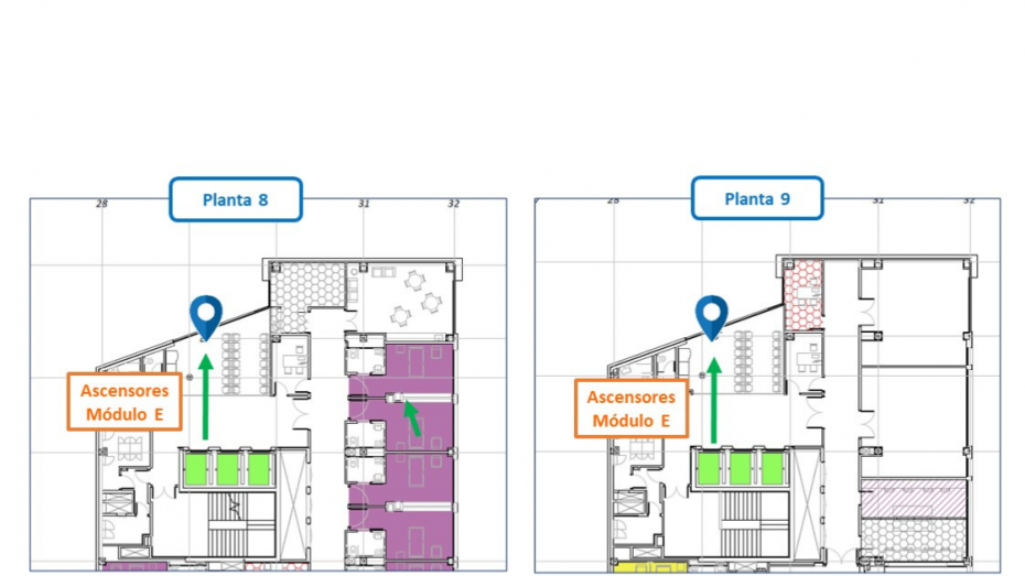 CIRCUITO ACOMPAÑANTES/ VISITAS  PACIENTE INGRESADA EN PLANTA DE HOSPITALIZACIÓN DE GINECOLOGÍA Y OBSTETRICIA DESDE ASCENSORES DEL MÓDULO E EN PLANTA DE HOSPITALIZACIÓN TODO RECTO A SALA DE FAMILIARES EN PLANTAS 8 Y 9