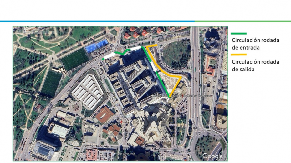 Mapa de entrada de ambulancias a urgencias pediátricas con una línea amarilla que va desde el inicio del hospital en el extremos derecho al extremo izquierdo