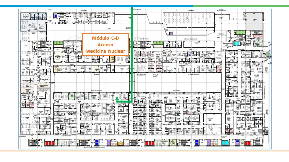 PLANTA BAJA DESDE VESTÍBULO PRINCIPAL TODO RECTO CRUZAR LA PASARELA SOBRE JARDINES INTERNOS Y GIRAR A LA DERECHA A RECEPCIÓN MEDICINA NUCLEAR