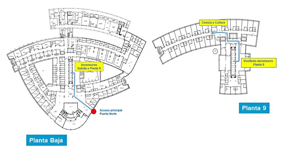 Plano interior para llegar a Ciencia y Cultura planta 0 y planta 9