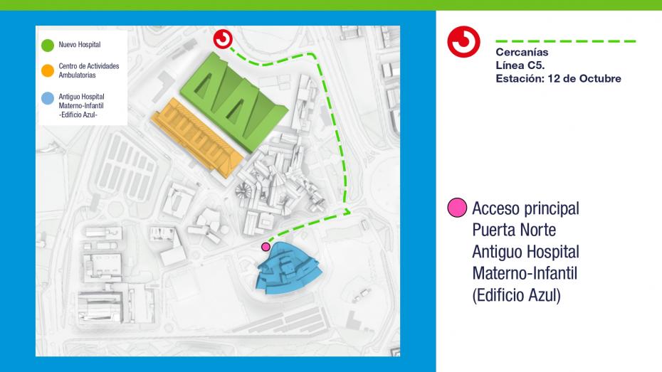 Acceso al antiguo Hospital Materno-Infantil puerta principal desde Cercanías de Renfe saliendo de frente bordear nuevo hospital, urgencias y girar a la derecha todo recto hasta metro y luego de nuevo a la derecha