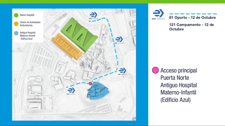 Acceso al antiguo Hospital Materno-Infantil puerta principal desde cuatro paradas de autobuses interurbanos