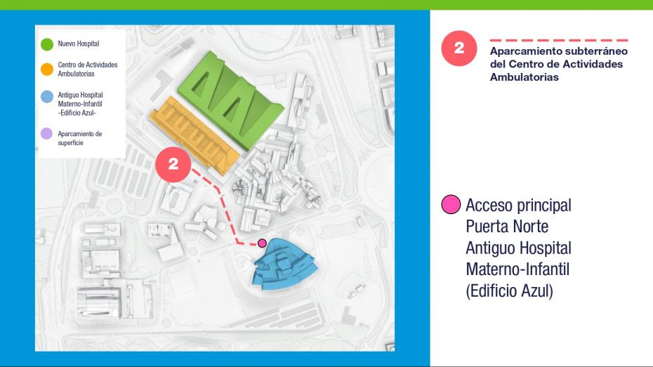 Acceso a puerta principal del antiguo Hospital Materno-Infantil desde aparcamiento subterráneo según sales a la izquierda y luego para arriba a unos cien metros