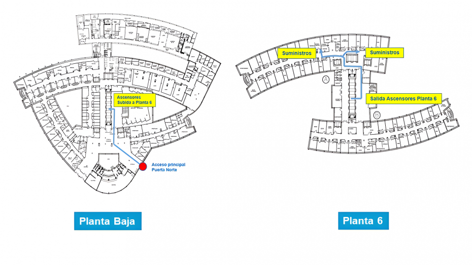 Plano interior para llegar a Suministros planta 0 y planta 6ª