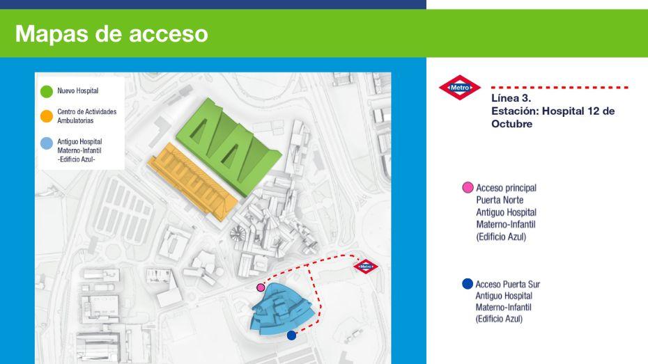 Acceso principal al antiguo Hospital Materno-Infantil desde el Metro saliendo a la izquierda recto a unos 50 metros y a la derecha está la puerta norte, a unos 25 metros de la estación girando a la izquierda para abajo y luego a la derecha entrada posterior puerta Sur
