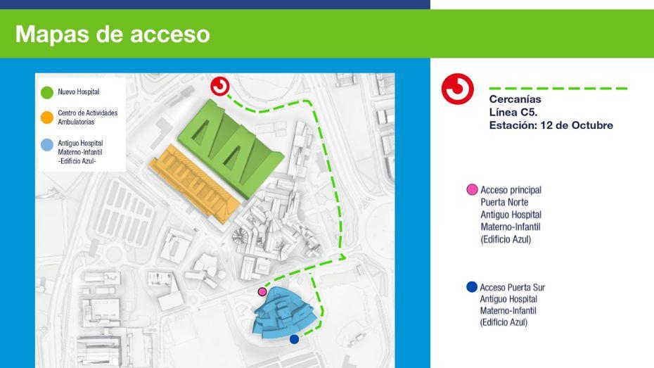 Acceso al antiguo Hospital Materno-Infantil puerta principal desde Cercanías de Renfe saliendo de frente bordear nuevo hospital, urgencias y girar a la derecha todo recto hasta metro y luego de nuevo a la derecha recto hacia la puerta principal, a la izquierda hacia abajo y luego a la derecha para entrada posterior o puerta sur