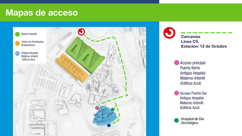 Acceso al antiguo Hospital Materno-Infantil puerta principal desde Cercanías de Renfe saliendo de frente bordear nuevo hospital, urgencias y girar a la derecha todo recto hasta metro y luego de nuevo a la derecha recto hacia la puerta principal, a la izquierda hacia abajo y luego a la derecha para entrada lateral a Hospital de Día de Oncología y siguiendo hacia abajo y luego girando a la derecha entrada posterior o puerta sur