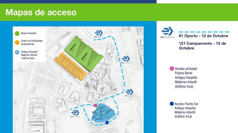 Acceso al antiguo Hospital Materno-Infantil puerta principal y puerta sur desde cuatro paradas de autobuses interurbanos caminar en dirección recta hacia el Metro y luego girar a la derecha y andar 50 metros hasta la entrada principal, antes a unos 25 metros girar a la izquierda recto y luego a la derecha entrada posterior o sur