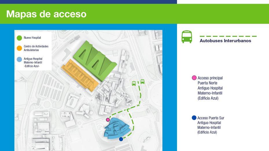 Acceso a puerta principal del antiguo Hospital Materno-Infantil desde parada autobuses interurbanos recto hacia arriba un poco a la derecha y a unos 50 metros entrada principal, a unos 25 girar a la izquierda para abajo y luego a la derecha para entrada por puerta posterior o puerta sur