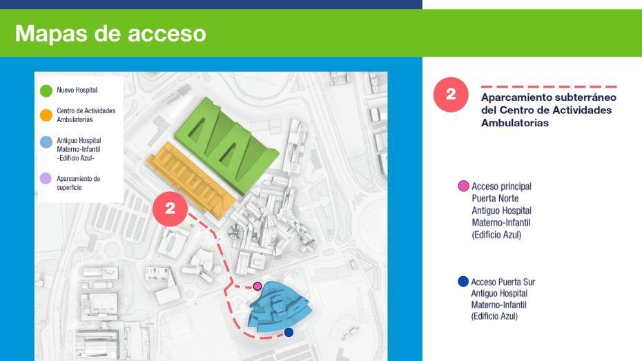 Acceso a puerta principal del antiguo Hospital Materno-Infantil desde aparcamiento subterráneo según sales a la izquierda y luego para arriba a unos cien metros en diagonal, antes a unos 50 metros seguir todo recto hasta el antiguo hospital y seguir hacia abajo para rodearlo y entrar por la puerta posterior o puerta sur