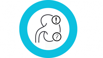 icono de línea negra de un riñón con dos círculos arriba con un signo de admiración, abajo con un signo de interrrogación