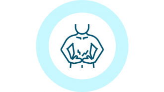 Icono patología abdominal icono persona con manos en abdomen donde hay líneas como rayos en aazul rayos