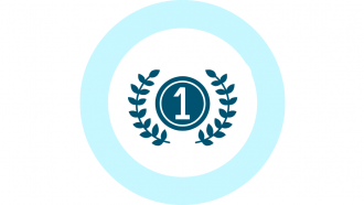 Icono de primero número 1 rodeado por dos laureles en azul dentro de círculo azul claro