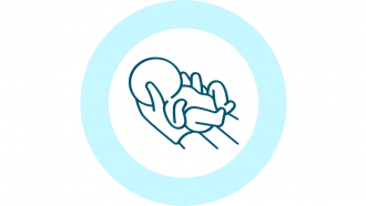 Icono de cuidado de bebés en línea azul oscuro y dentro de un círculo azul claro