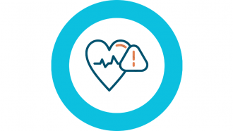 Icono azul de cardiopatía con un corazón atravesado por una línea con picos arriba y abajo y una señal de peligro ala derecha