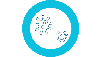 icono de virus dos esferas con una especie de brazos o tentáculos alrededor y de color azul