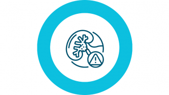 Icono de la hidronefrosis con un dibujo de línea azul de un riñón y un triángulo pequeño de alerta al lado