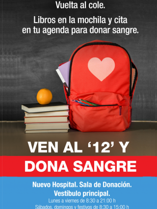 Cartel con mochila roja con un corazón y libros al lado con un lema